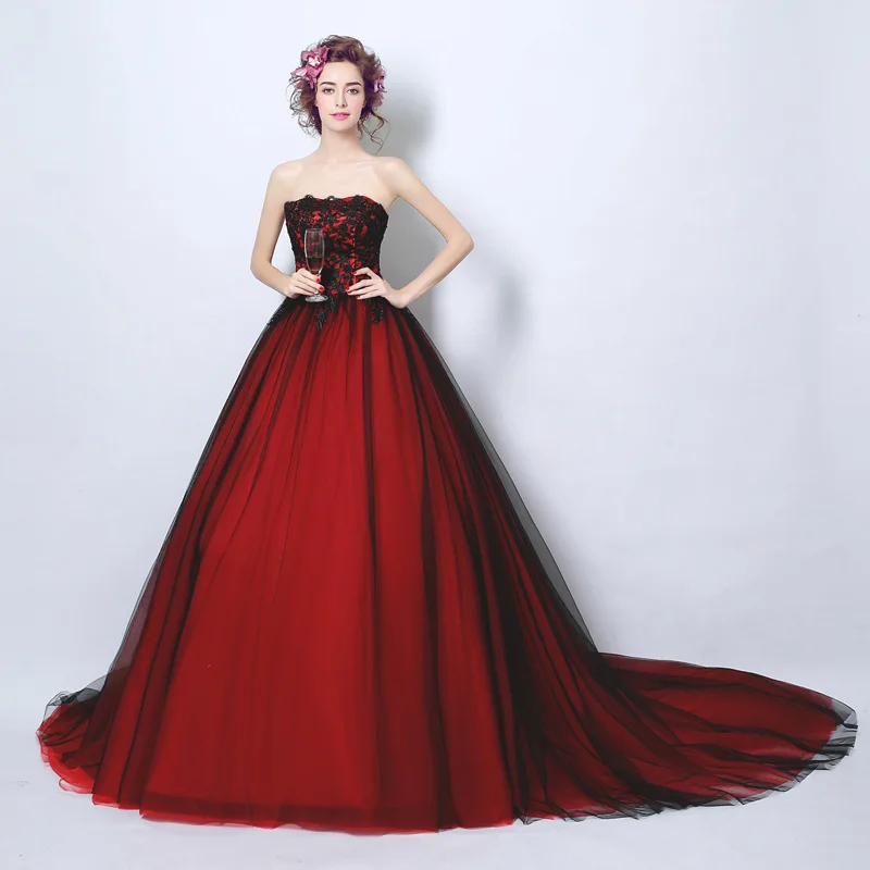 

Black And Red Gothic Wedding Dresses Ball Gowns Strapless Victorian Medieval Halloween Bridal Gowns Corset Mexican Girls Bride