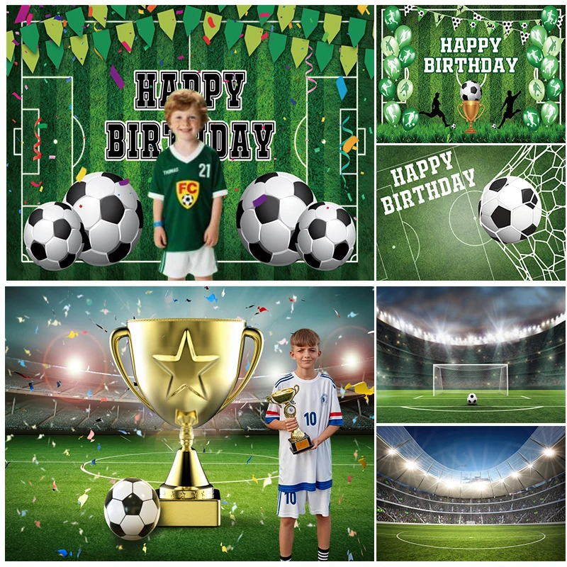 Toile de fond photographique pour fête d'anniversaire sur le thème du football, terrain de football, pelouse, coupes de champion, fête d'anniversaire pour enfants, fond personnalisé pour zone photo