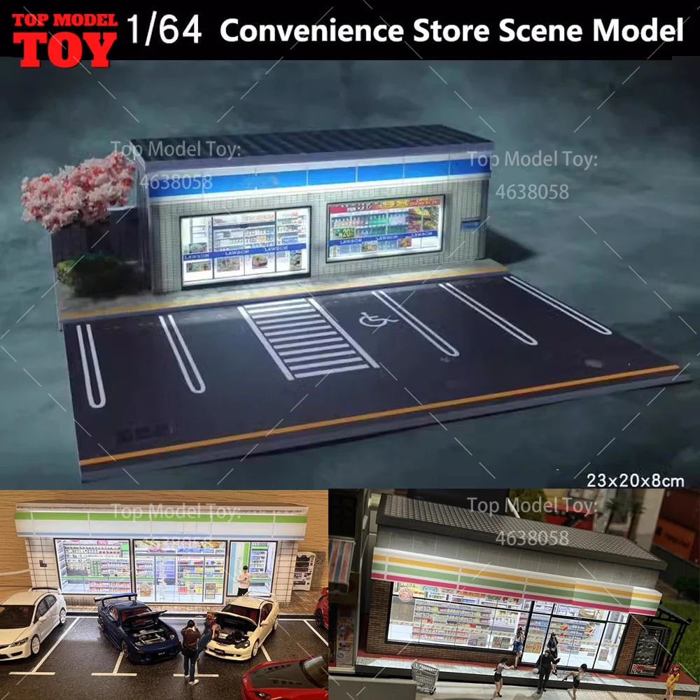 1/64 Simulate Miniature Scene Model City Convenience Store LED Lighting Parking Lot Showroom Dioramas Mini House Props for Fans