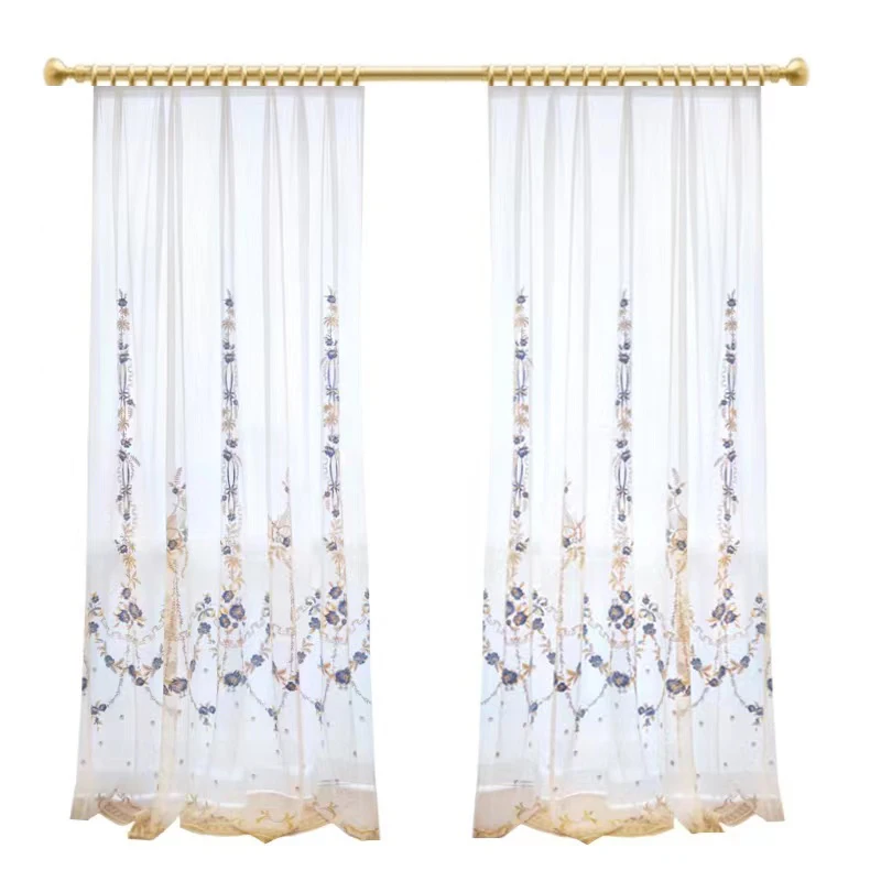 Custom Size French Romantic Villa Bedroom Blue Embroidery Light Luxury White Tulle Curtains for Living Dining Room Bedroom