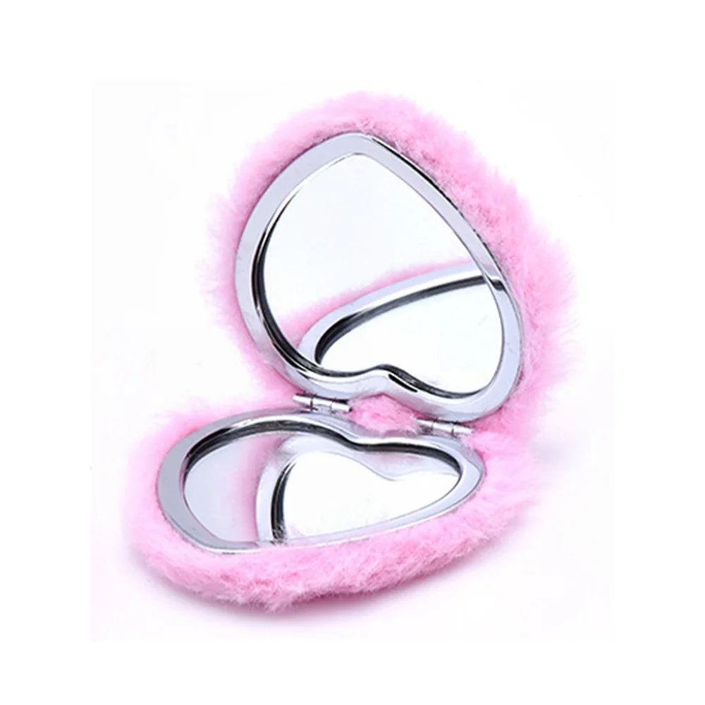 Espelho de maquiagem dobrável com ampliação dupla face pele de coelho espelho de bolso compacto 7.2cm portátil viagem mini espelho