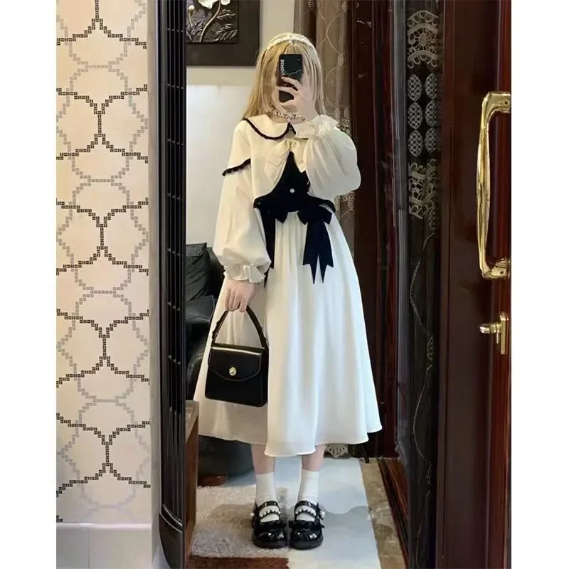 NONSAR Elegant White Lolita Dress Set Women Long Sleeve Doll Collar Coat Cute Bow Midi Dress Japanese Sweet Preppy Style Outfit