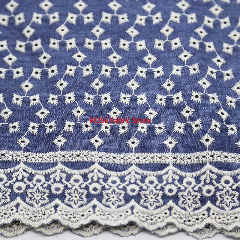 Tessuto di cotone blu con ricamo floreale per abito Boho, abito da sposa, abito estivo, gonna