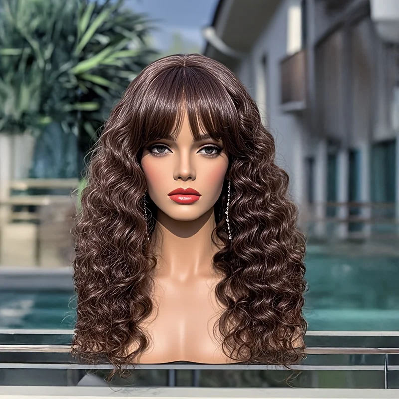 Elegant Brown Water Wave Wig with Bangs, 28 Inches, High Density, Heat-Resistant Fiber, Water Wave Curls