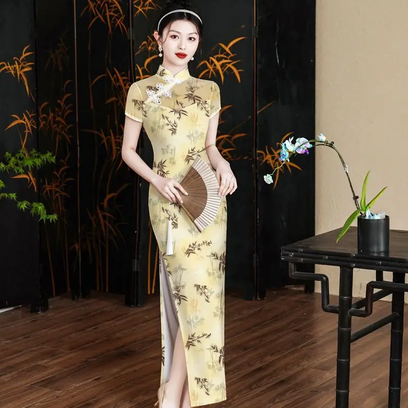 

Современное Qipao 2024, новинка, элегантное повседневное платье для подиума, облегающее длинное платье Cheongsam, летнее винтажное платье