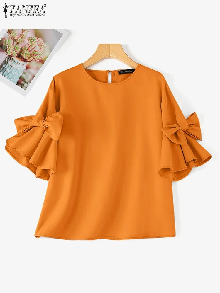 ZANZEA 2025 Summer Women Elegant Tops Bow Tie Ruffles Chiffon Blouse Lantern Short Sleeve Shiirt Vintage Patchwork Korean Tunic