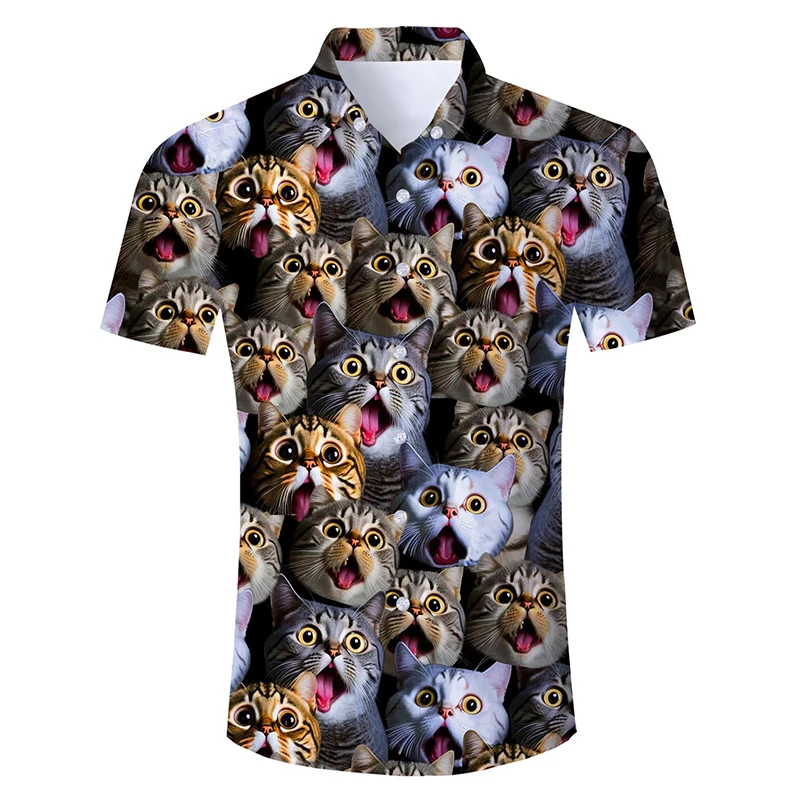 Camisas informales con botones para hombre, camisa de manga corta con estampado 3D de gato divertido, Tops de gran tamaño, camisa de playa de Estilo