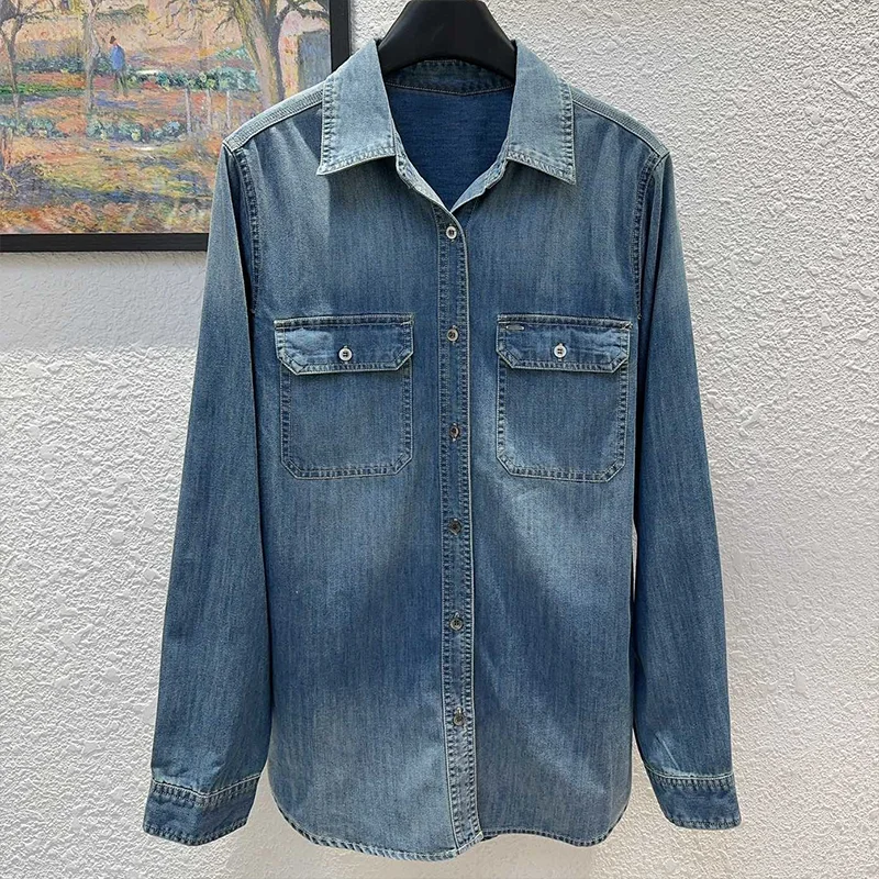 

High quality Mid-length women's denim jacket with a collar, single row of buttons, and double pockets coat 25122584