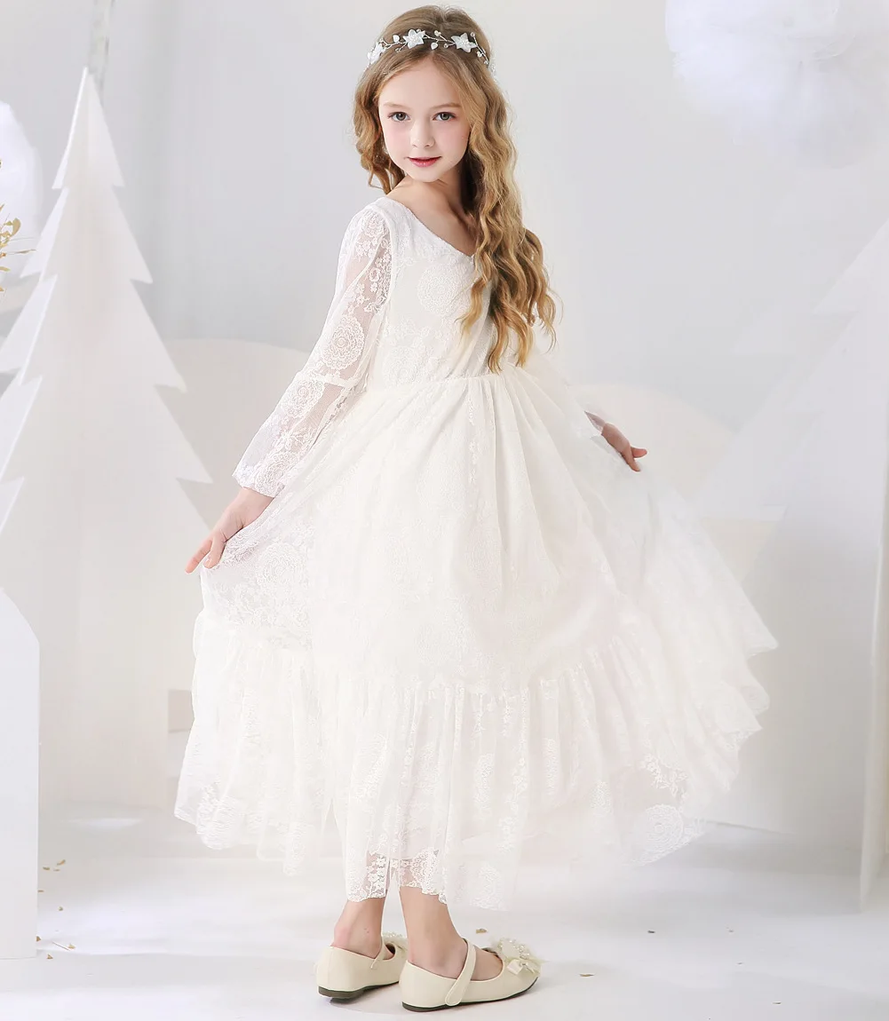 Kids Flower Girl Wedding Dress Princess Girls Lace Long Dresses Summer Boho Birthday Party Wedding Dress For 2-14 Years