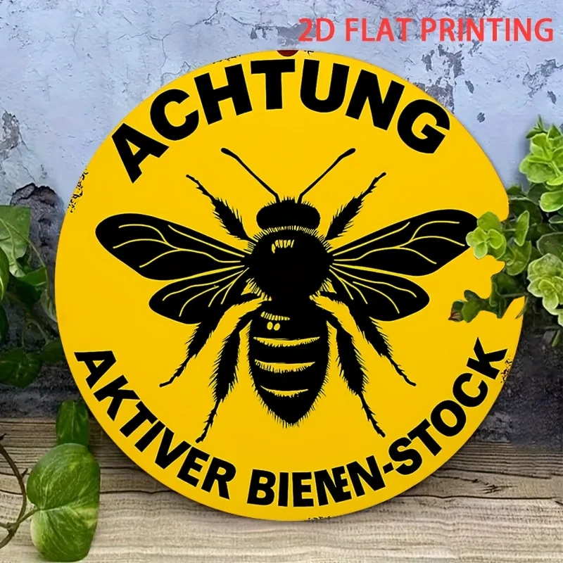 مسطح ثنائي الأبعاد، قطعة واحدة من علامة تحذير مستعمرة النحل النشطة - مع النص الألماني "Achtung - Aktiver Birnenstock"، رسم النحل - شركة الحديد شديدة التحمل
