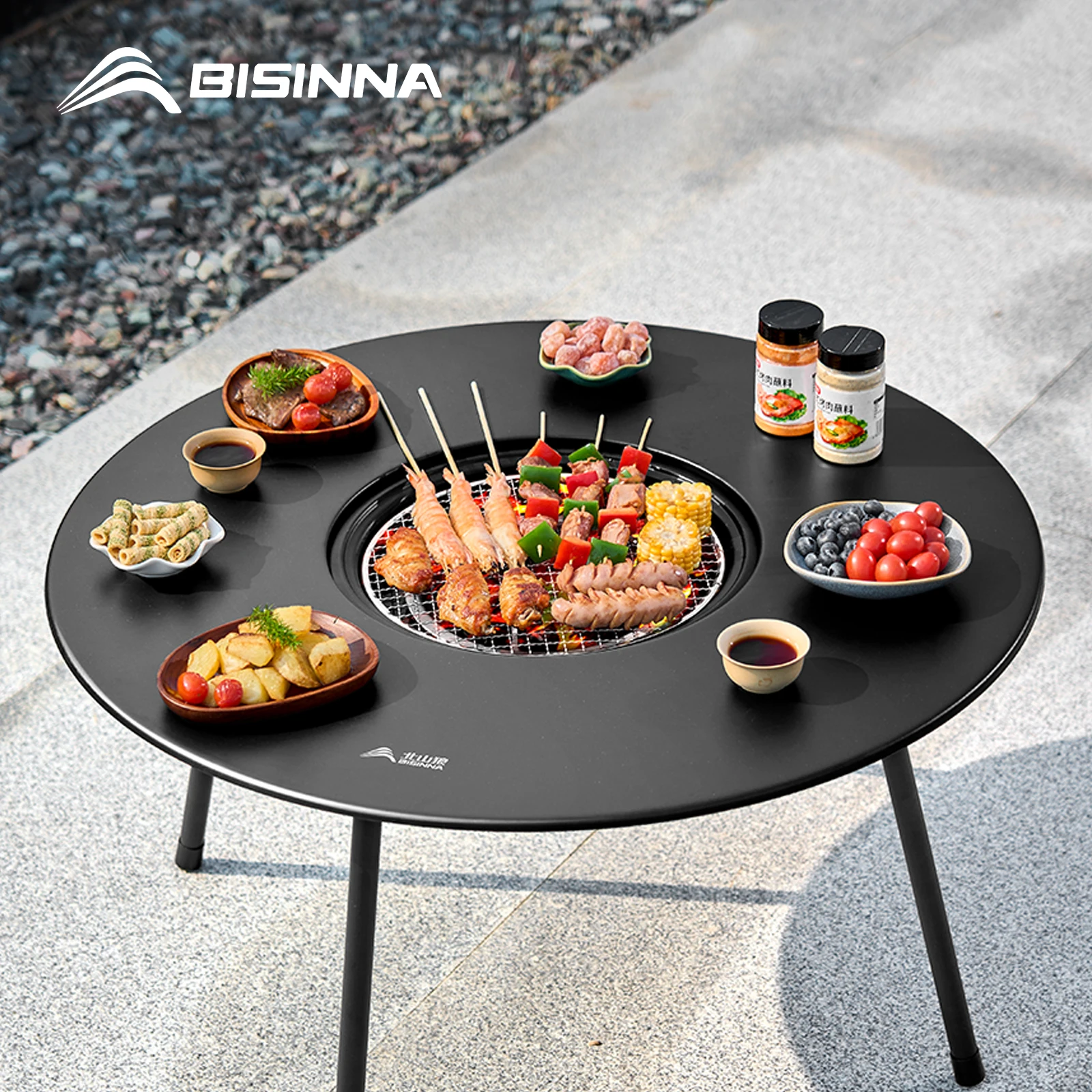 

BISINNA Foldable Round Table BBQ Grill Multi-Function Outdoor Charcoal Barbecue Set with Accessories Portable for Camping Picnic