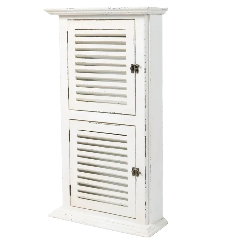

French Country Wall Cabinet, White Distressed Wood, Double Louvered Doors, Key and Jewelry Storage, 27.2x15.4x5.1 Inches