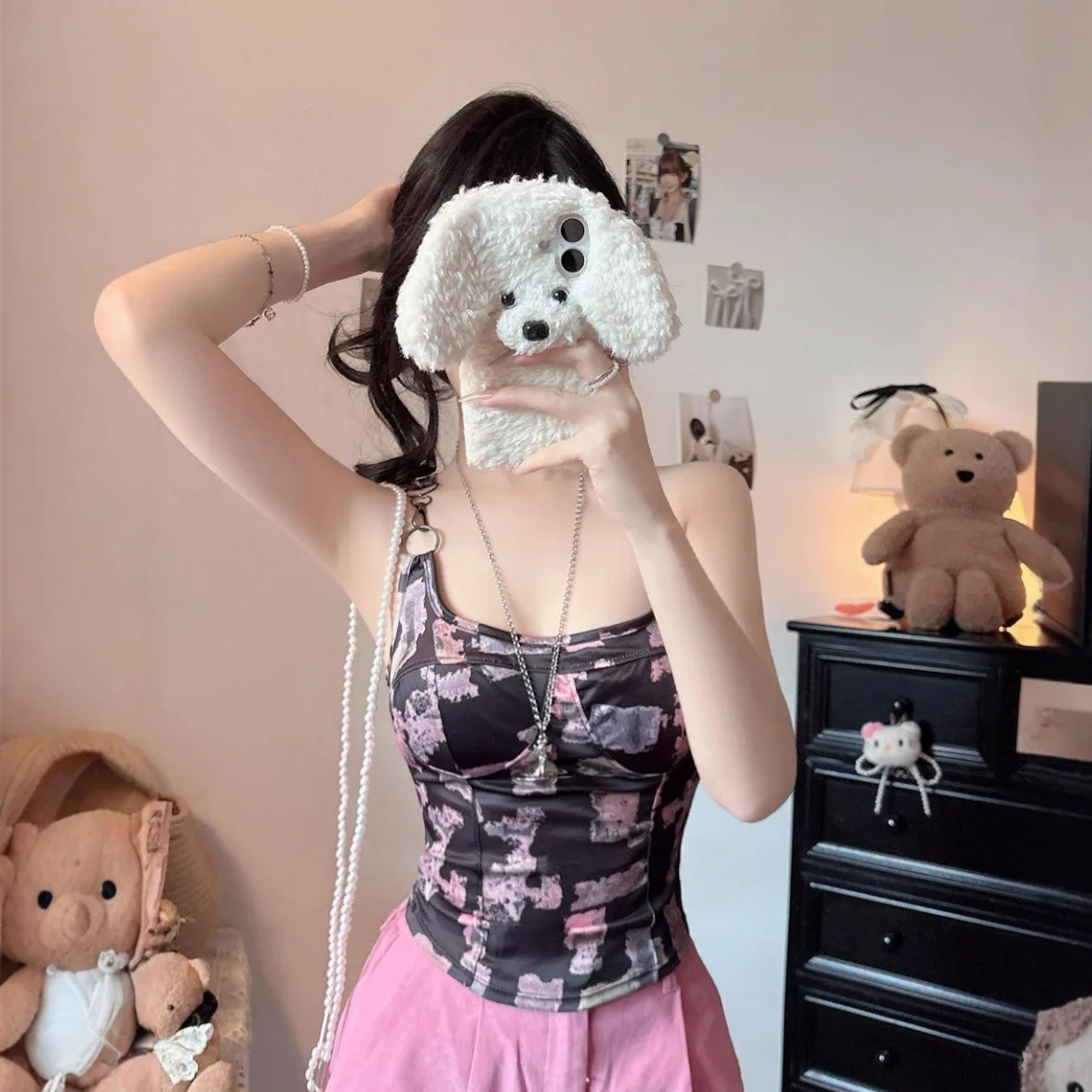 Novedad de verano, chaleco con tirantes estampados en color azul y Metal de seda de hielo Pure Desire Intercomado con almohadilla para el pecho, algodón versátil U-Ne ort...