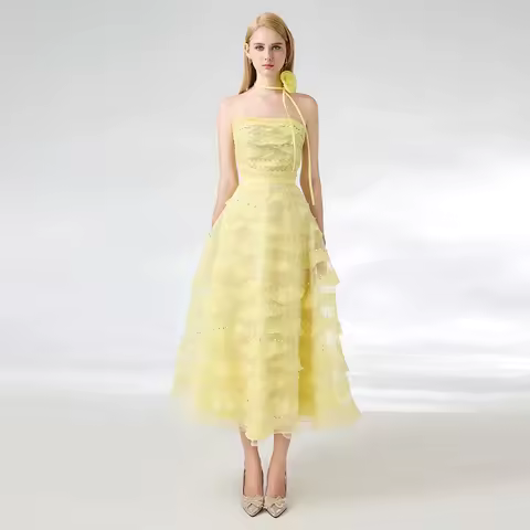 Luxury Yellow Evening Gown Beading Strapless Evening Dress For Wedding A Line Tea Length Short Women's Formal Party Dresses