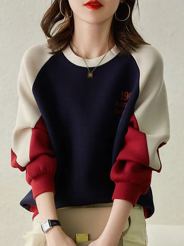 

Свободный свитшот с круглым вырезом, цветными блоками и длинными рукавами, повседневный, удобный, для весны и осени, женская уличная одежда, худи