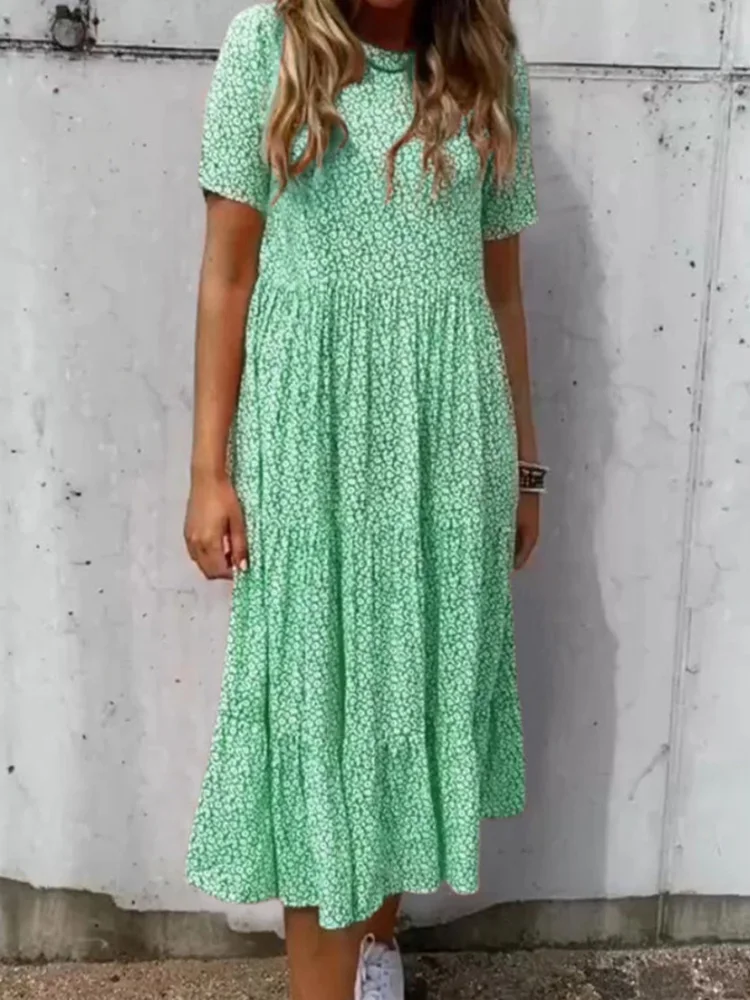 

Summer Women Loungewear Short Sleeve Party Dress, Printing Patchwork Loose Elegant Maxi Dress, 2024 O-Neck Simple Ladies Dress
