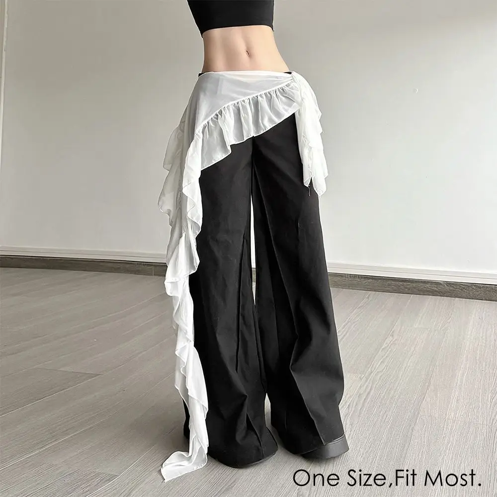 Celana Jeans Dekorasi Rok Mini Renda Tidak Beraturan Rok Ruched Harajuku Tembus Pandang Rok Ruffles Berenda Pinggang Tinggi Desain Bertali