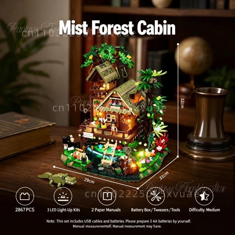 New Retro House Series Misty Forest Cabin Building Blocks with Atomization Device Street View Decor Toy Collectible Holiday Gift