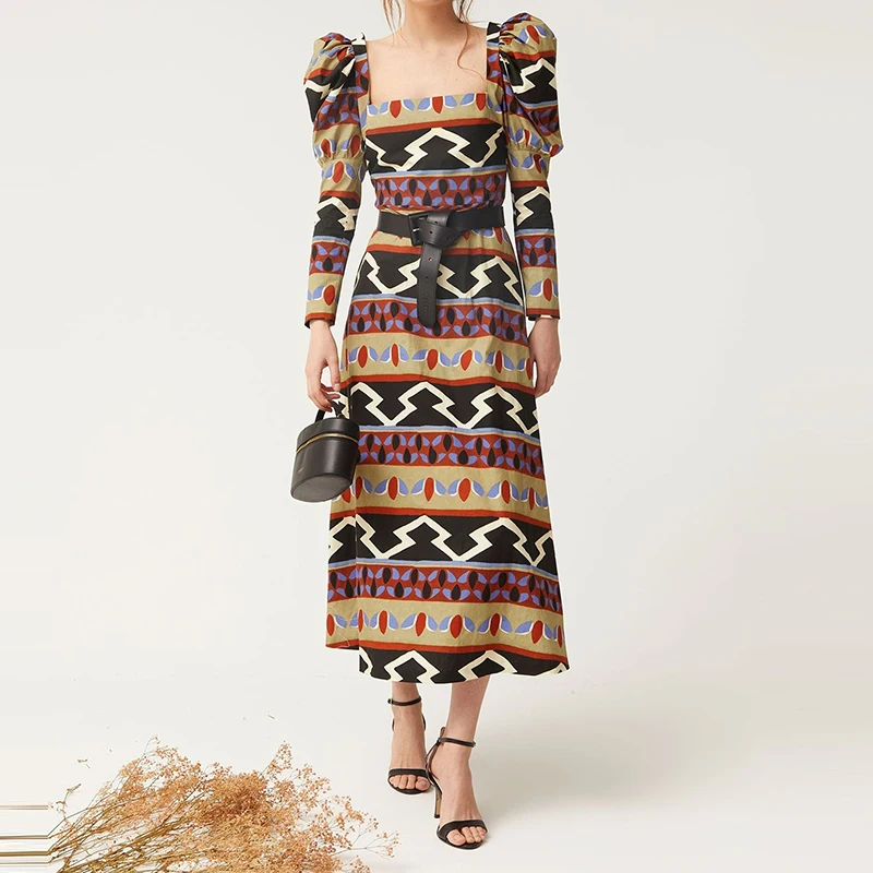 Vintage Ethnic Style Pattern Print Maxi Dress Elegant Square Collar Long Sleeve Vacation Dress Autumn New Lady High Waist Dress