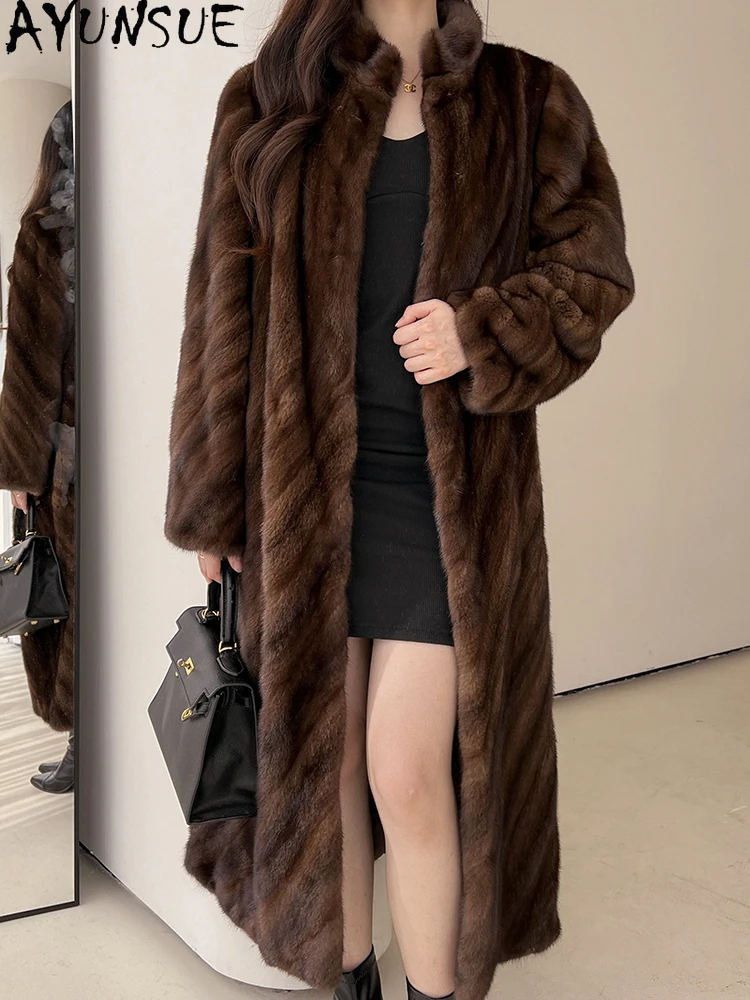 AYUNSUE 2025 Mantel Bulu Mink Alami Wanita Mantel Mink Utuh Mewah Berkualitas Tinggi untuk Pakaian Wanita Kerah Berdiri Abrigo Mujer