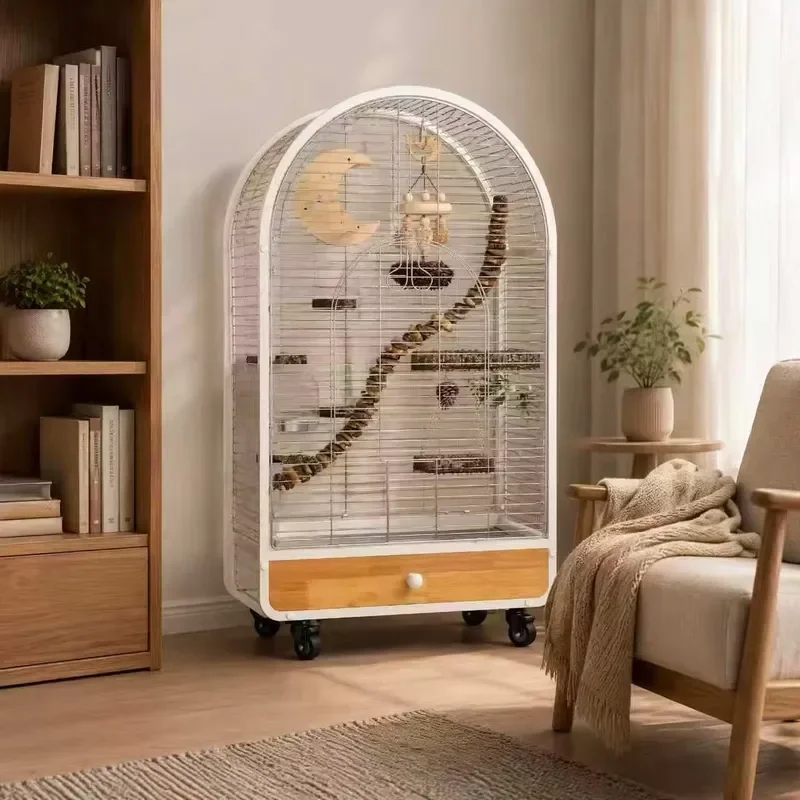 Large Stainless Steel Parrot Cage with Wooden Tray and Wheels Durable Wire Bird House for Lovebirds Parakeets Includes Perch