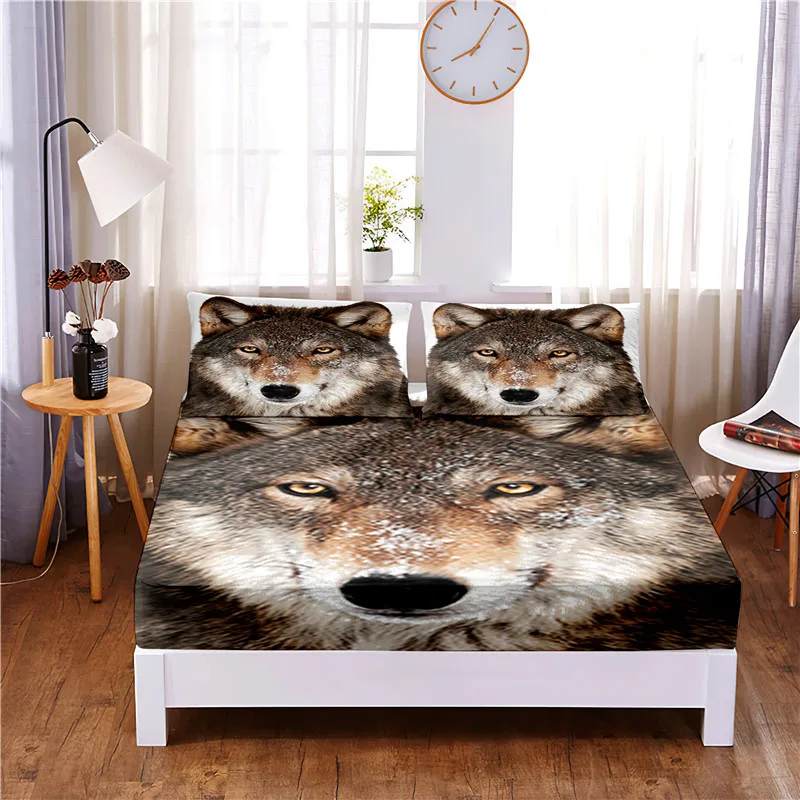 

Ice Fire Wolf Digital Printed 3pc Polyester Fitted Sheet Mattress Cover Four Corners with Elastic Band Bed Sheet Pillowcases