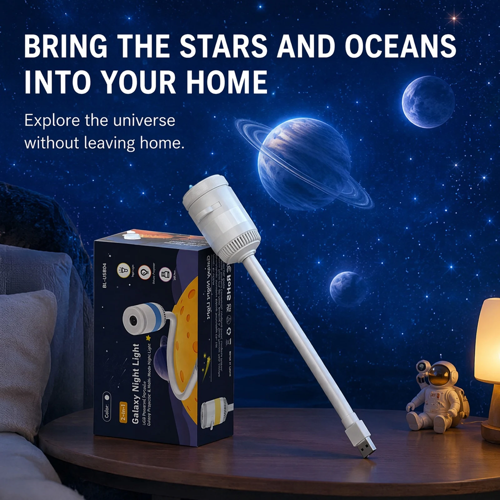 USB Star Galaxy Projector Night Light Bedroom Ceiling Starry Sky Lamp with Remote Control 360 Flexible Gooseneck