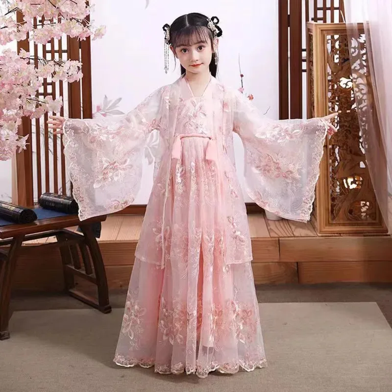 

Pink Lace Sleeve Summer Children Hanfu Vintage Kids Girls Dress Chinese Traditional Folk Dance Costume Ancient Outfit Cosplay