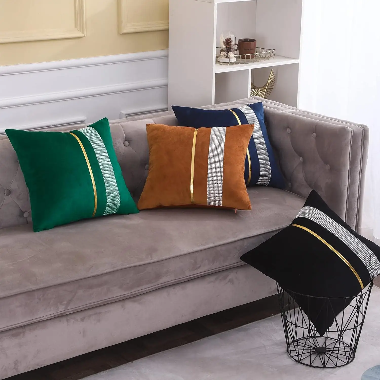 Velvet Gold Bar Lace Spliced Pillowcase Light Luxury Home Throw Pillow Sofa Cushion Diamond-encrusted Without Core