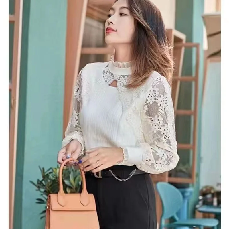 Autumn New Temperament Patchwork Solid Color Half Height Collar Long Sleeve Bottoming Shirt Ladies Elegant Lace Fashionable Tops