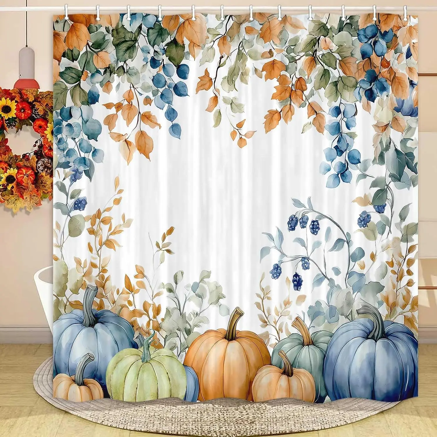 Fall Shower Curtain, Fall Thanksgiving Harvest Watercolor Floral Pumpkin Shower Curtains Home Bathtub Decor Waterproof Fabric Machine Washable with 12 Hooks, 72