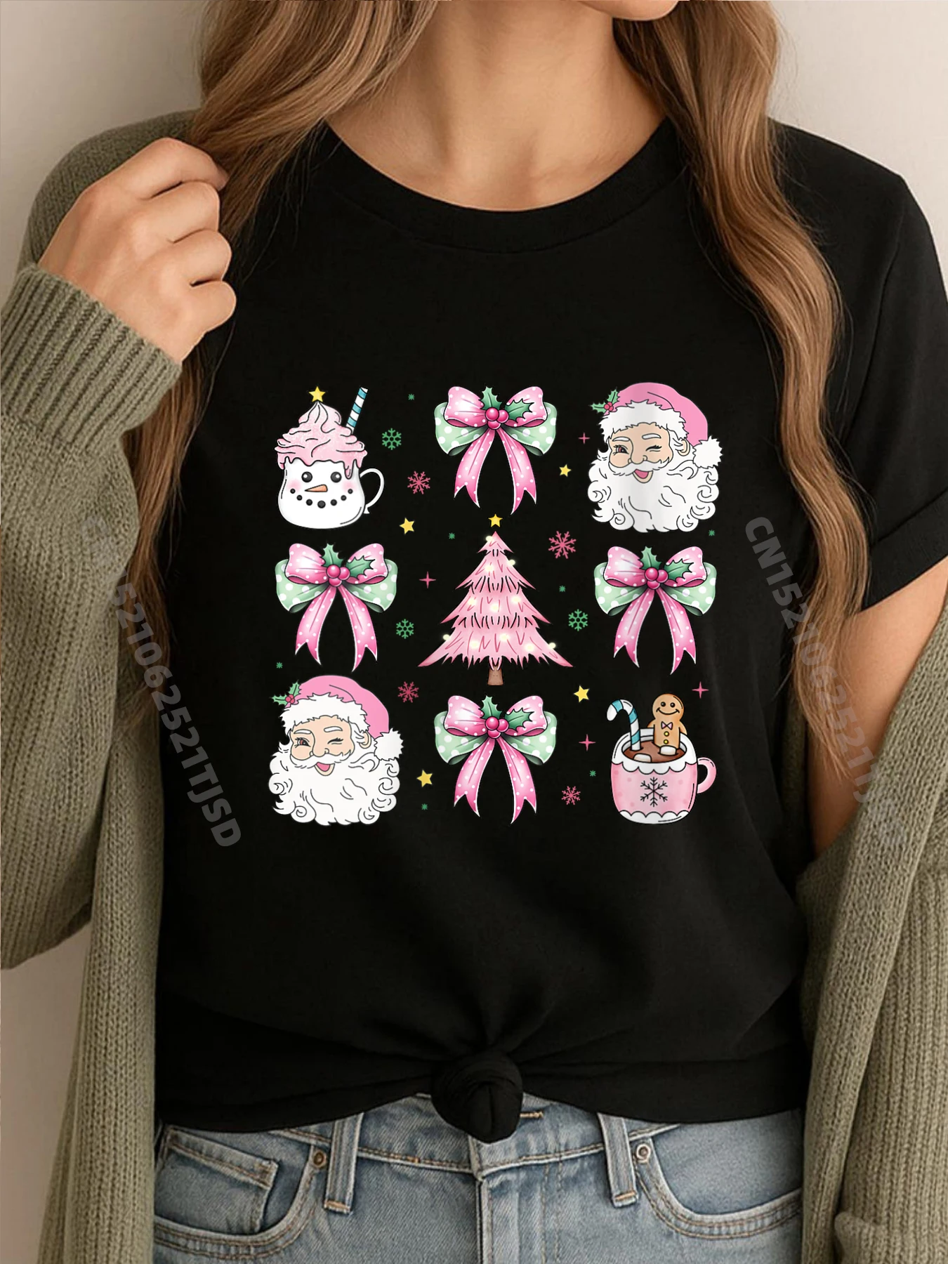 

Женские розовые рождественские елочные торт, модные рождественские футболки с кокеткой и бантом, большие и высокие футболки на Новый год 2025 года, большие и высокие