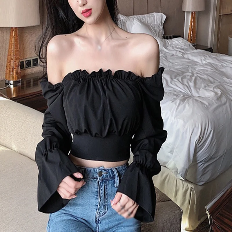 Women\'s Sexy Bandage Long Sleeve Shirt Slash Neck Solid Color Ruffles Crop Tops Ladies Chiffon Off Shoulder Blouse