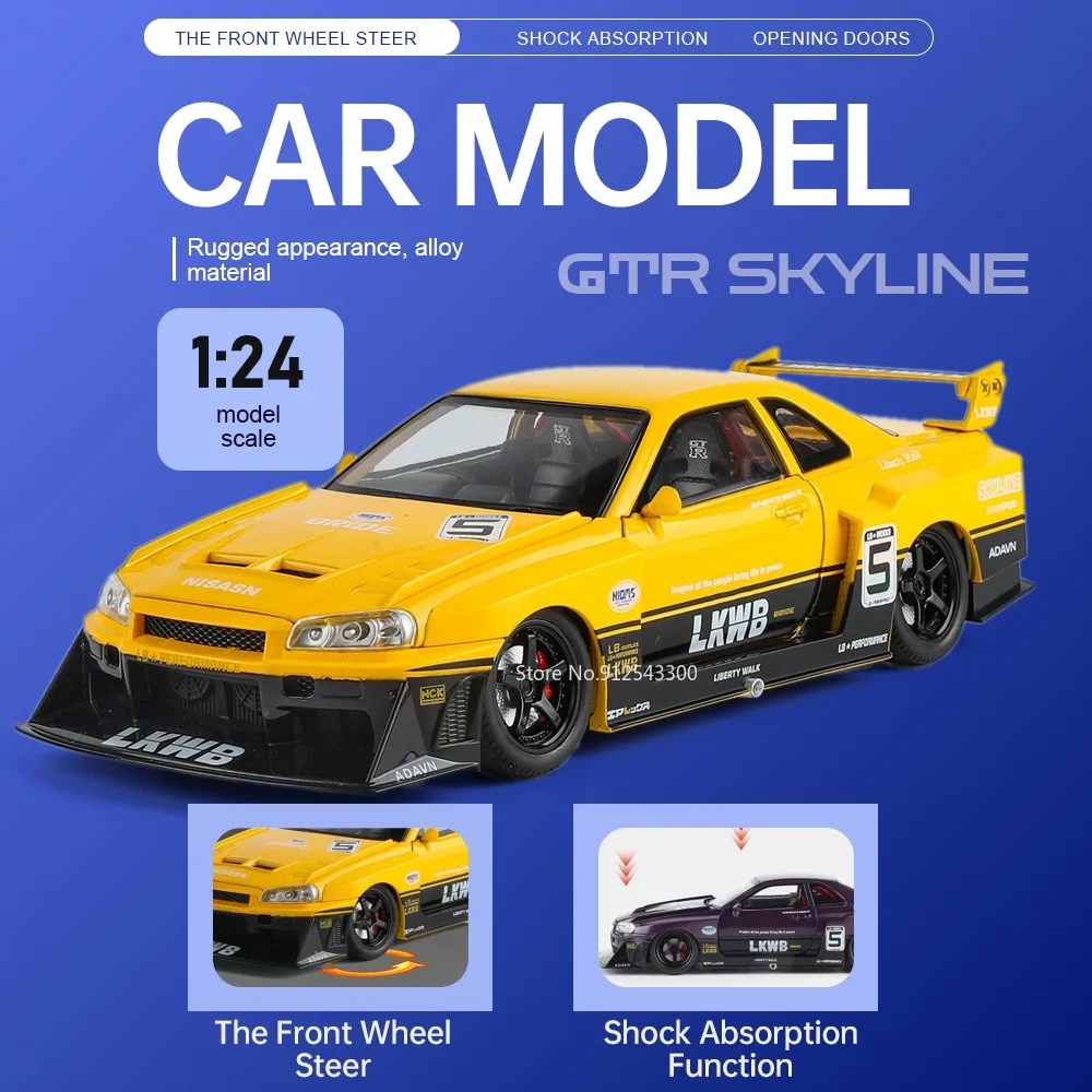 

1:24 Scale GTR Skyline Modification Model Car Toy Doors Opened Shock Absorption Cars Front Wheel Steer Vehicle Sturdy Collection