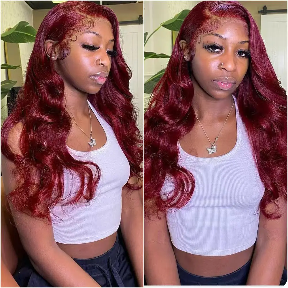شعر مستعار مموج بورجوندي 99J باروكة أمامية من الدانتيل 13x6 HD باروكات أمامية من الدانتيل شعر بشري شعر مستعار أحمر اللون للنساء كثافة 200