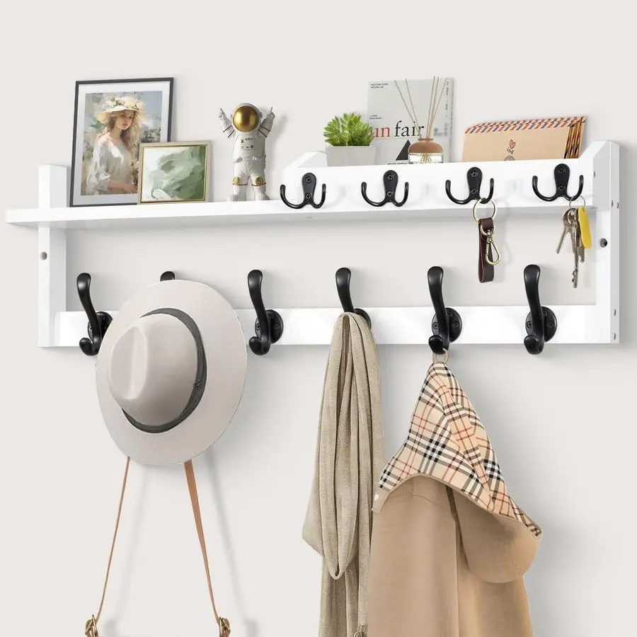 

Rack Wall Mount with Shelf, 27.5 Entryway Wall Hanging Shelf, Coat and Key Hanger with 10 Dual Hooks, Mail Organizer and Key Hol
