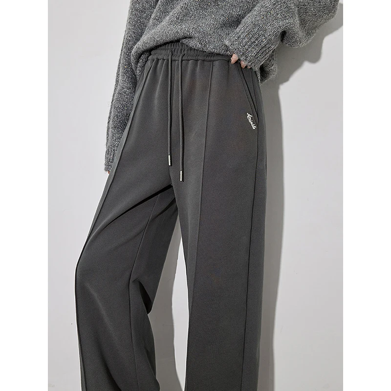 TOYOUTH Women Fleece Casual Pants 2024 Autumn and Winter New Drawstring Eleastic Waist Lazy Style Wide Leg Straight Sweatpant