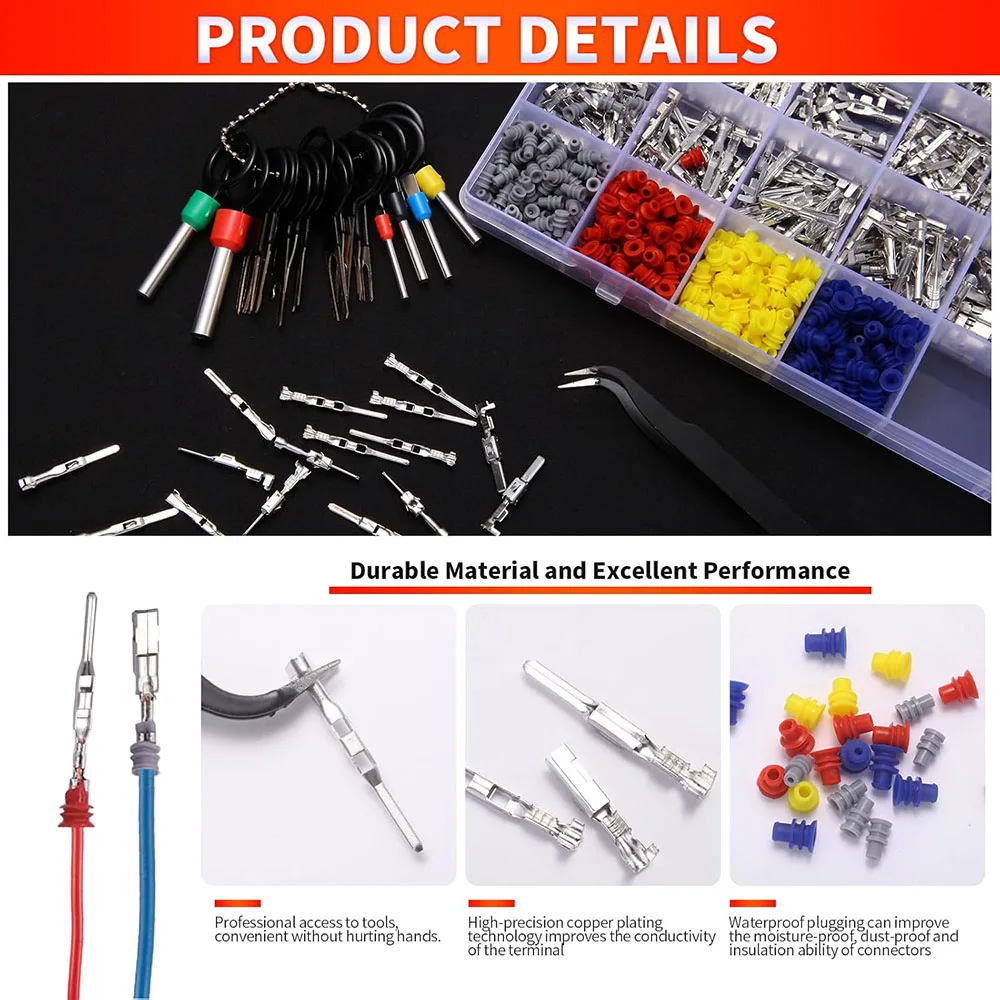 1050Pcs-26Type Auto Electric Connector Pins,1/1.5/1.8/2.2/2.8/3.5mm Male Female Car Electrical Wire Terminal Pins Connector Kit