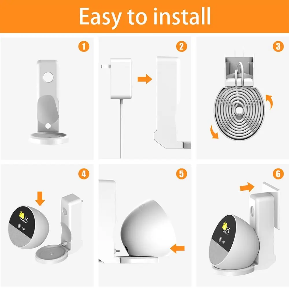 ลําโพงแบบพับได้ Wall Holder Hard Case พร้อมที่เก็บสายเคเบิล Wall Mount Bracket ไม่มีเจาะ ABS สําหรับ Echo Spot (เปิดตัว 2024)