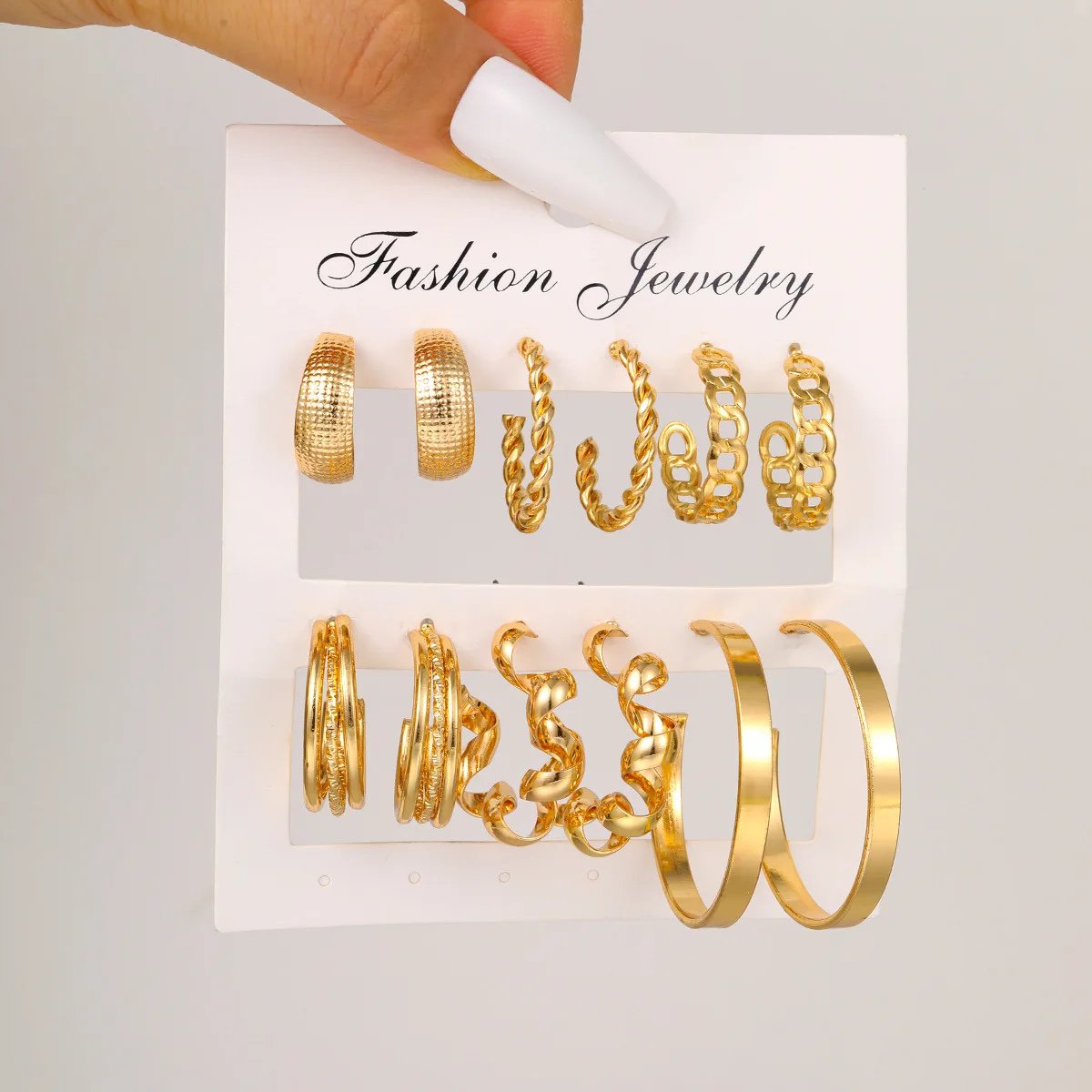 1Set New Personalized Fashionable Geometric C-Type Three Tube Fried Dough Twists Hollow Spiral Alloy Earring Set Six Pairs