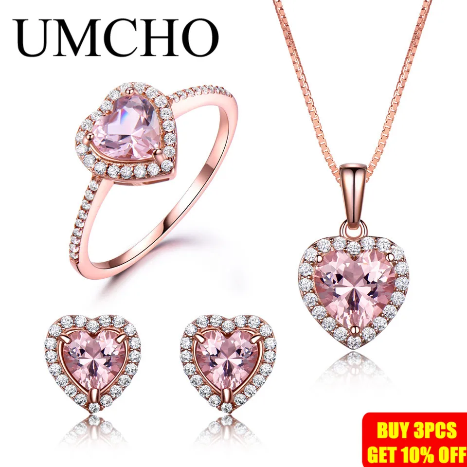 

UMCHO 925 Sterling Silver Jewelry Set For Women Romantic Heart Morganite Pendant Stud Earrings Party Valentine's Fine Jewelry