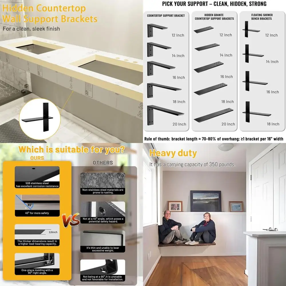 

Heavy-Duty 3/8 Thick Shower Bench Brackets, 14L x 2.5W, Wall-Mounted, Free-Hanging Shelf Supports for Vanities, Countertops, App