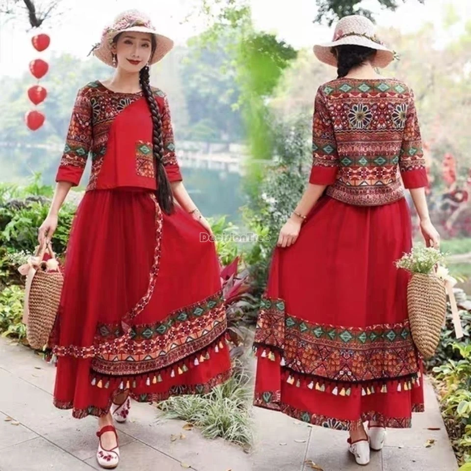 2024 ethnic characteristic retro chinese cotton linen set exquisite shining folk dance garment yun nan travel photography outfit