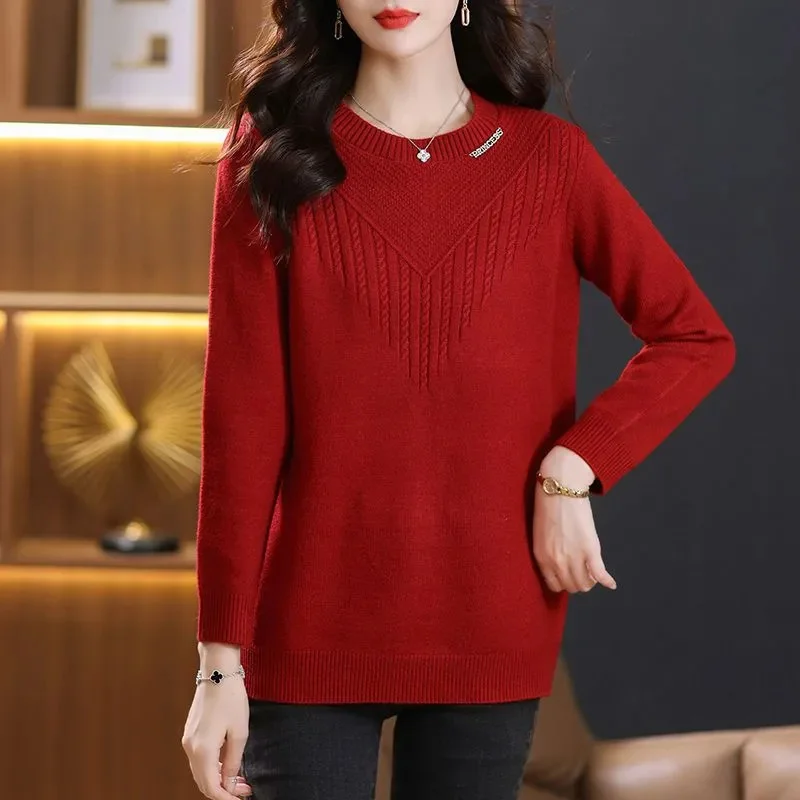 عالية الجودة سترة المرأة خريف شتاء 2025 معطف جديد الياقة المستديرة تريكو سيدة طويلة قاع قميص فضفاض سترة بلايز السيدات