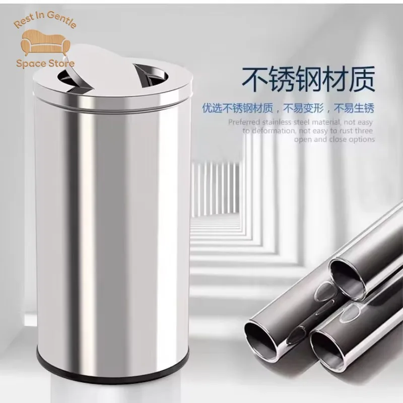 Stainless steel clamshell trash can commercial large-capacity shopping mall bathroom cinema square corridor aisle round large