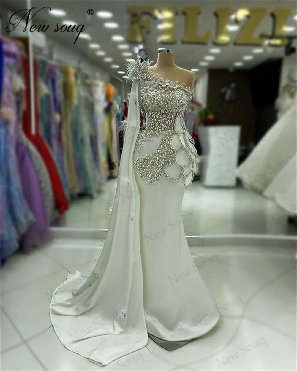 Beading Evening Dresses Elegant Formal One Shoulder Crystals Wedding Party Gowns Robes Du Soir Dubai Women Cocktail Prom Dress