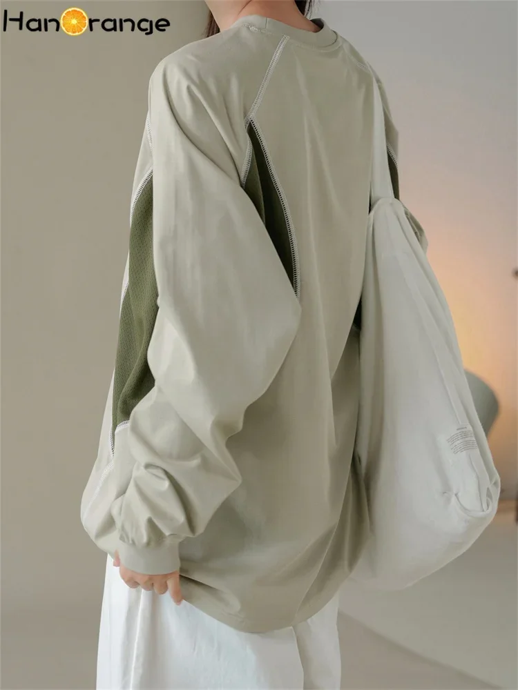 HanOrange-T-shirt respirant pour femme, haut épissé, blanc, marron plonger âtre, vert clair, style sport, début du printemps, 2025