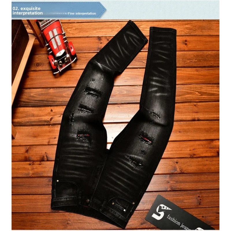 High-End Black Ripped Patched Scratched Jeans Men's Slim Fit Skinny 2025Autumn Trendy Stylish Long Pants