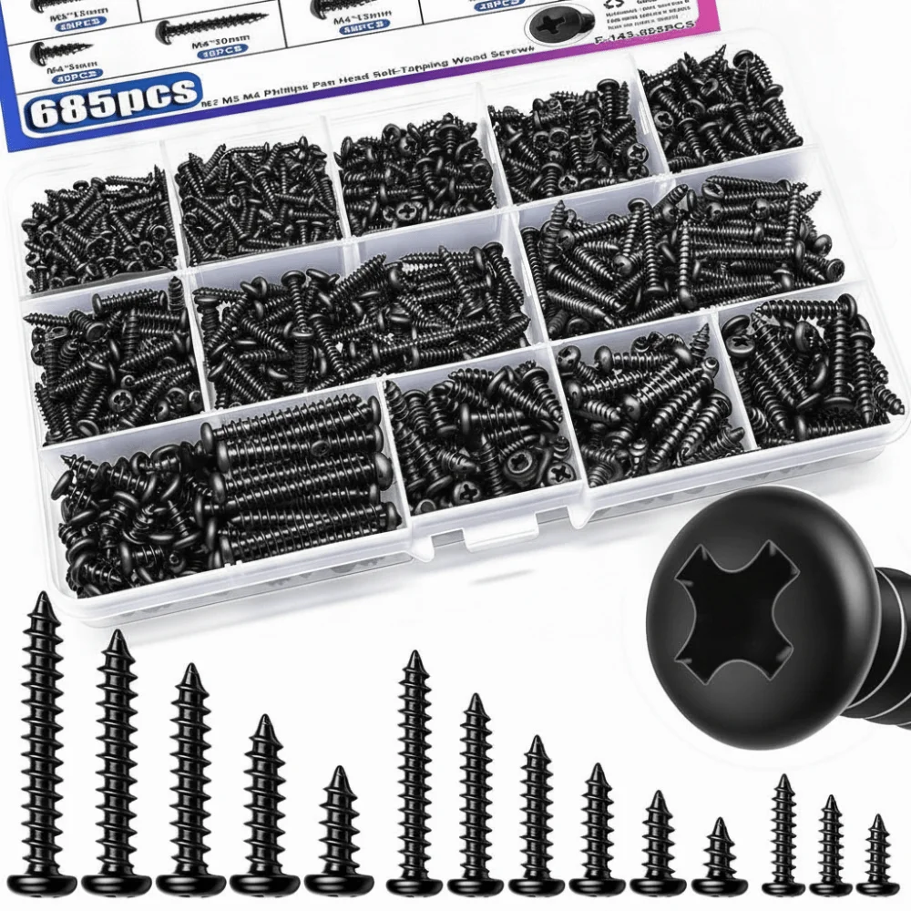 Round Head Self Tapping Screws Cross Recessed Black Carbon Steel Wood Screw Assortment Kit 14 Sizes Assortment