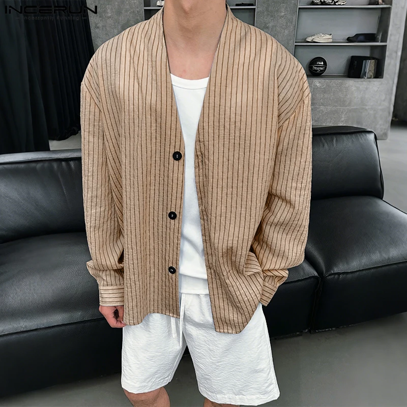 

INCERUN Men Shirt Striped V Neck Long Sleeve Button Casual Men Clothing Streetwear Loose Korean Style Tops Fashion Male Shirts